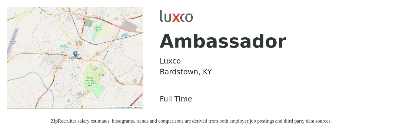 Luxco, Inc. job posting for a Ambassador in Bardstown, KY with a salary of $15 to $21 Hourly with a map of Bardstown location.
