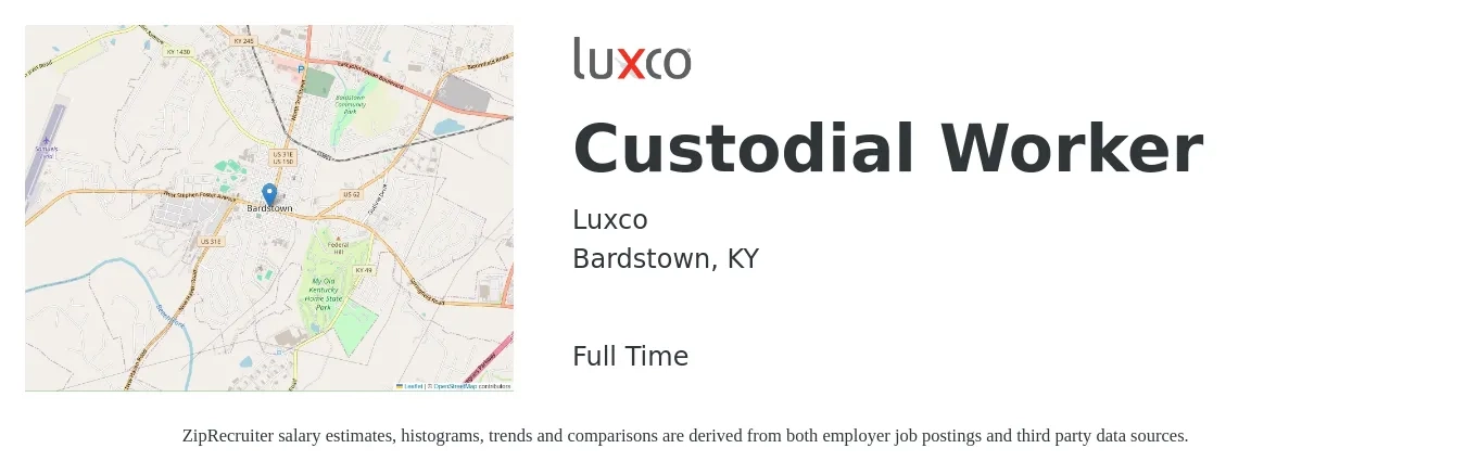 Luxco, Inc. job posting for a Custodial Worker in Bardstown, KY with a salary of $14 to $17 Hourly with a map of Bardstown location.
