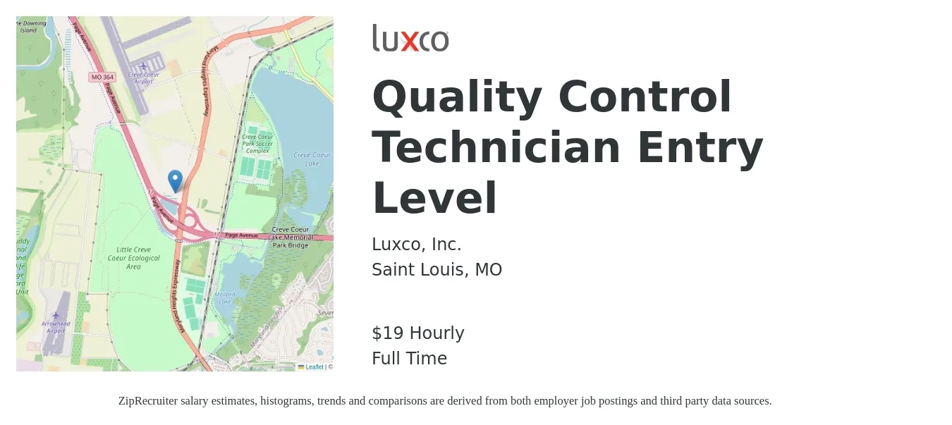 Luxco, Inc. job posting for a Quality Control Technician Entry Level in Saint Louis, MO with a salary of $17 to $22 Hourly with a map of Saint Louis location.