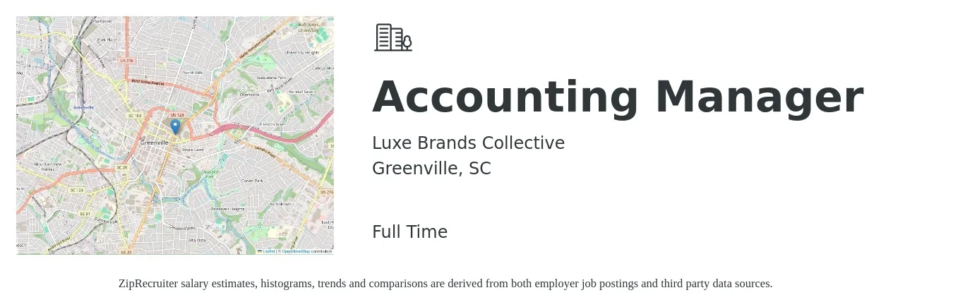 Luxe Brands Collective job posting for a Accounting Manager in Greenville, SC with a salary of $73,300 to $105,300 Yearly with a map of Greenville location.