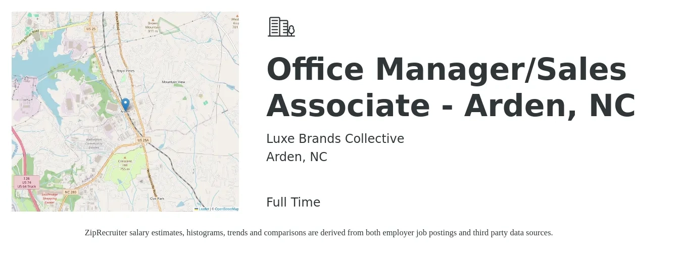 Luxe Brands Collective job posting for a Office Manager/Sales Associate - Arden, NC in Arden, NC with a salary of $37,600 to $53,300 Yearly with a map of Arden location.
