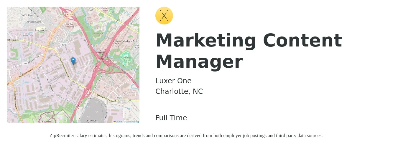 Luxer One job posting for a Marketing Content Manager in Charlotte, NC with a salary of $56,500 to $81,900 Yearly with a map of Charlotte location.