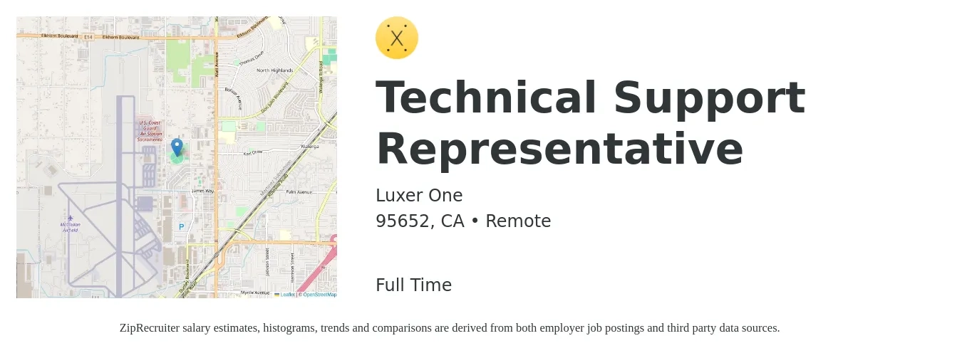 Luxer One job posting for a Technical Support Representative in 95652, CA with a salary of $18 to $26 Hourly with a map of 95652 location.