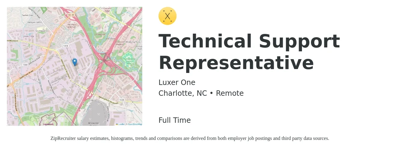 Luxer One job posting for a Technical Support Representative in Charlotte, NC with a salary of $18 to $24 Hourly with a map of Charlotte location.