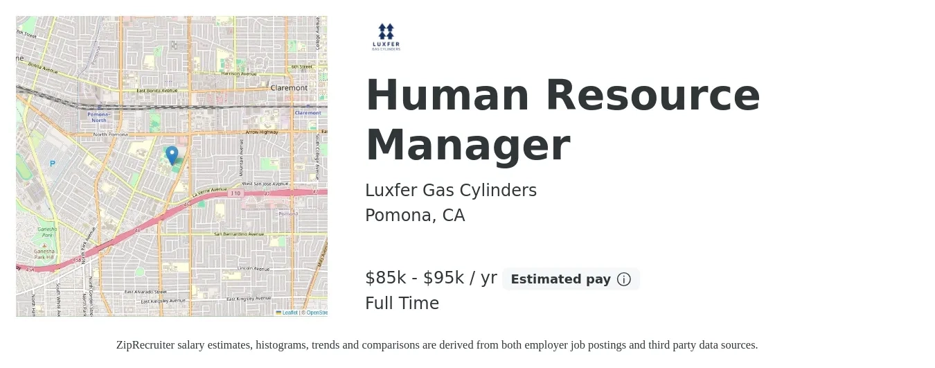 Luxfer Gas Cylinders job posting for a Human Resource Manager in Pomona, CA with a salary of $85,000 to $95,000 Yearly with a map of Pomona location.