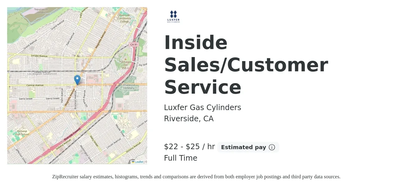 Luxfer Gas Cylinders job posting for a Inside Sales/Customer Service in Riverside, CA with a salary of $23 to $26 Hourly with a map of Riverside location.