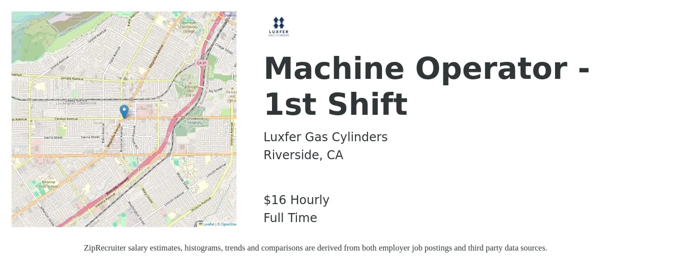 Luxfer Gas Cylinders job posting for a Machine Operator - 1st Shift in Riverside, CA with a salary of $17 Hourly with a map of Riverside location.