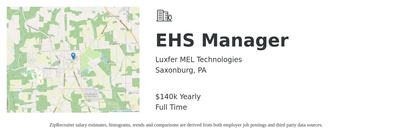 Luxfer MEL Technologies job posting for a EHS Manager in Saxonburg, PA with a salary of $140,000 Yearly with a map of Saxonburg location.