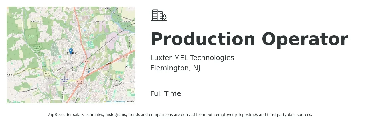 Luxfer MEL Technologies job posting for a Production Operator in Flemington, NJ with a salary of $20 Hourly with a map of Flemington location.