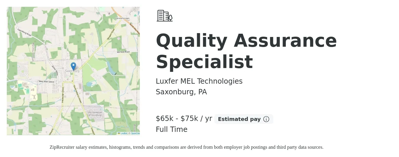Luxfer MEL Technologies job posting for a Quality Assurance Specialist in Saxonburg, PA with a salary of $65,000 to $75,000 Yearly with a map of Saxonburg location.