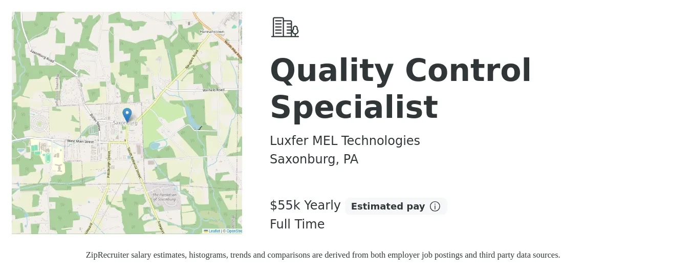 Luxfer MEL Technologies job posting for a Quality Control Specialist in Saxonburg, PA with a salary of $55,000 Yearly with a map of Saxonburg location.