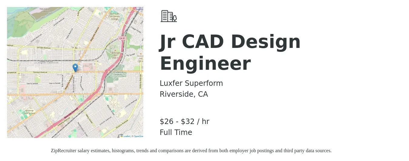Luxfer Superform job posting for a Jr CAD Design Engineer in Riverside, CA with a salary of $28 to $34 Hourly with a map of Riverside location.