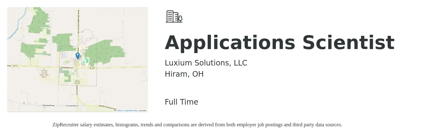 Luxium Solutions, LLC job posting for a Applications Scientist in Hiram, OH with a salary of $41 to $58 Hourly with a map of Hiram location.