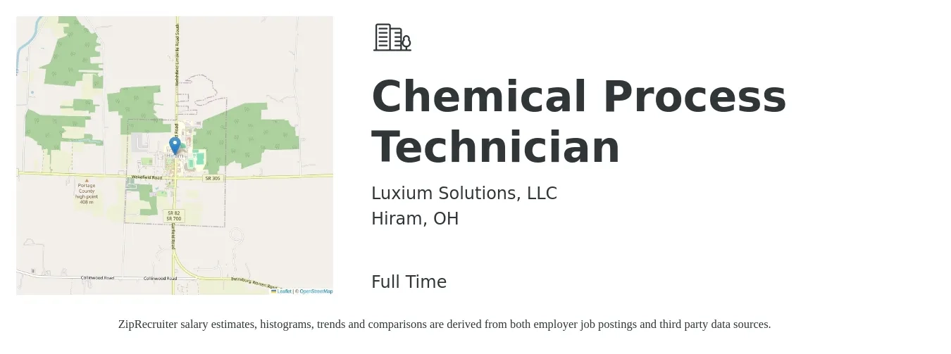 Luxium Solutions, LLC job posting for a Chemical Process Technician in Hiram, OH with a salary of $18 to $25 Hourly with a map of Hiram location.