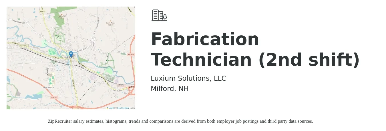 Luxium Solutions, LLC job posting for a Fabrication Technician (2nd shift) in Milford, NH with a salary of $18 to $26 Hourly with a map of Milford location.