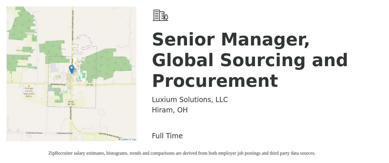 Luxium Solutions, LLC job posting for a Senior Manager, Global Sourcing and Procurement in Hiram, OH with a salary of $141,400 to $142,300 Yearly with a map of Hiram location.