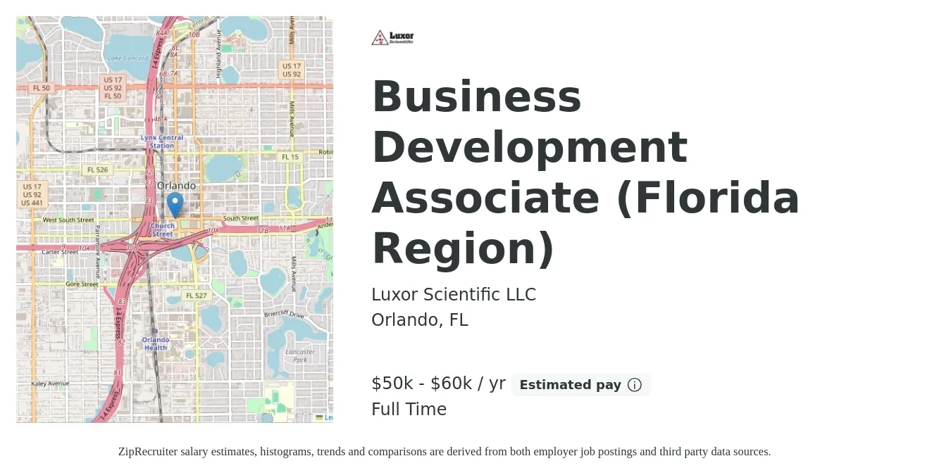 Luxor Scientific LLC job posting for a Business Development Associate (Florida Region) in Orlando, FL with a salary of $50,000 to $60,000 Yearly with a map of Orlando location.