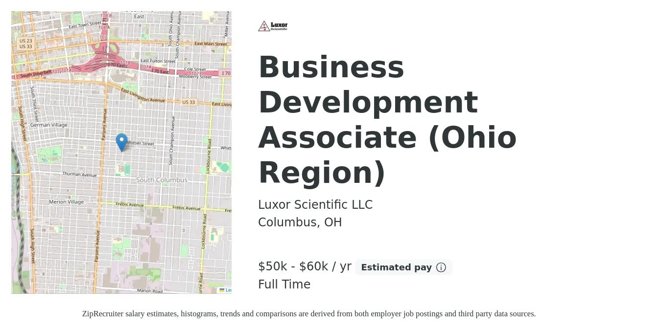 Luxor Scientific LLC job posting for a Business Development Associate (Ohio Region) in Columbus, OH with a salary of $50,000 to $60,000 Yearly with a map of Columbus location.