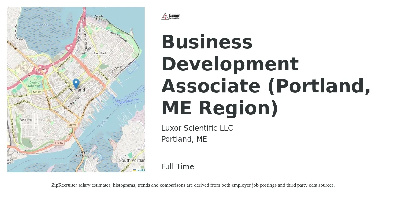 Luxor Scientific LLC job posting for a Business Development Associate (Portland, ME Region) in Portland, ME with a salary of $45,500 to $62,400 Yearly with a map of Portland location.