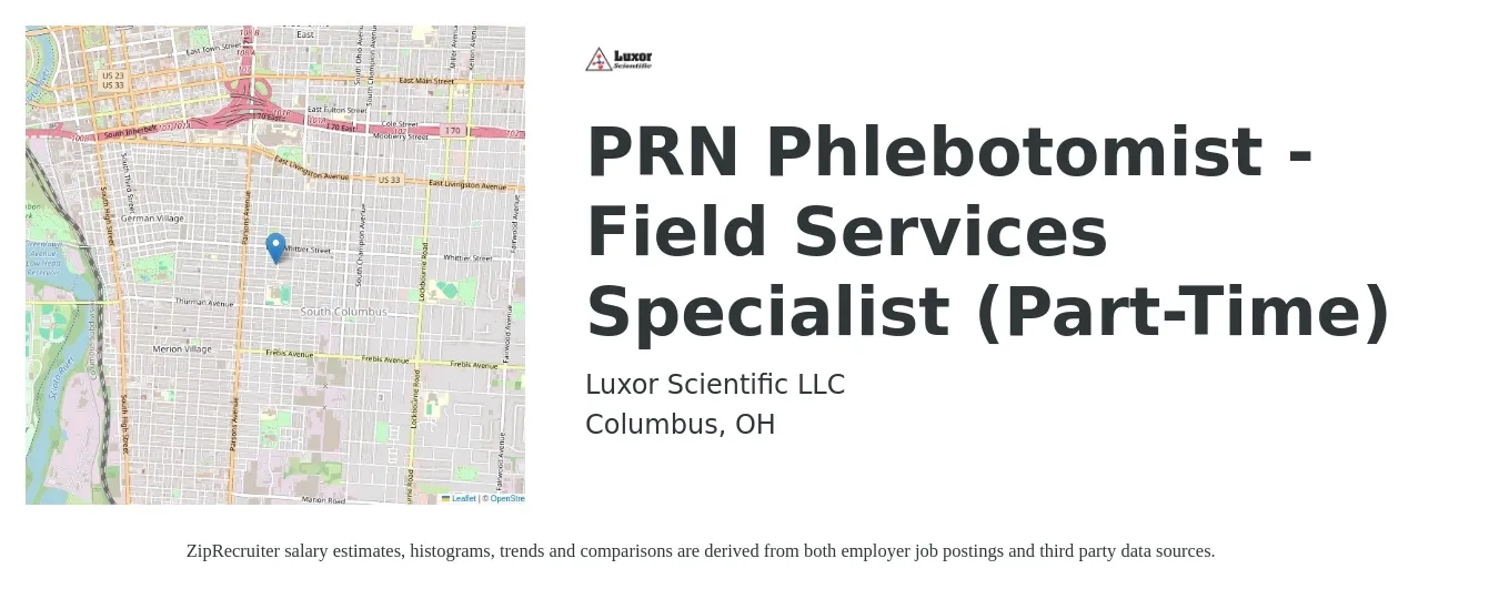 Luxor Scientific LLC job posting for a PRN Phlebotomist - Field Services Specialist (Part-Time) in Columbus, OH with a salary of $16 to $20 Hourly with a map of Columbus location.