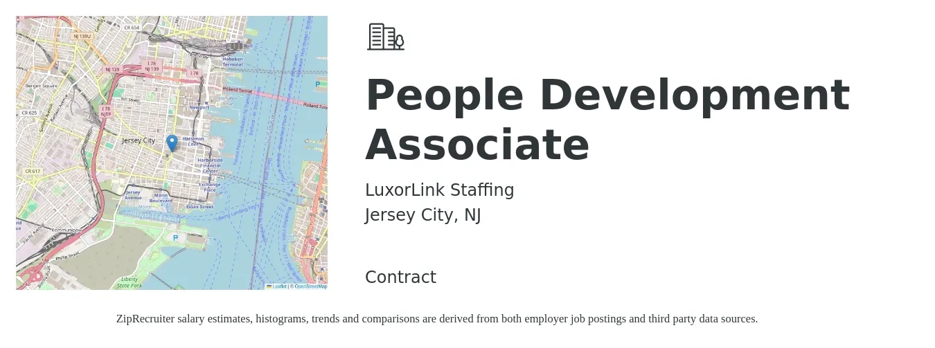 LuxorLink Staffing job posting for a People Development Associate in Jersey City, NJ with a salary of $44,400 to $62,600 Yearly with a map of Jersey City location.