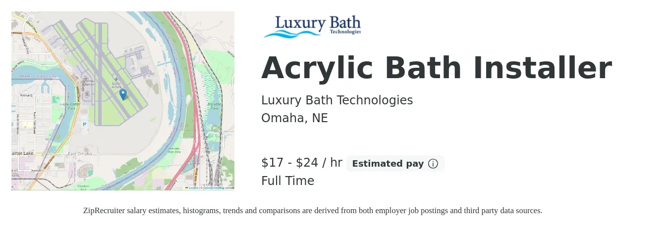 Luxury Bath Technologies job posting for a Acrylic Bath Installer in Omaha, NE with a salary of $18 to $25 Hourly with a map of Omaha location.