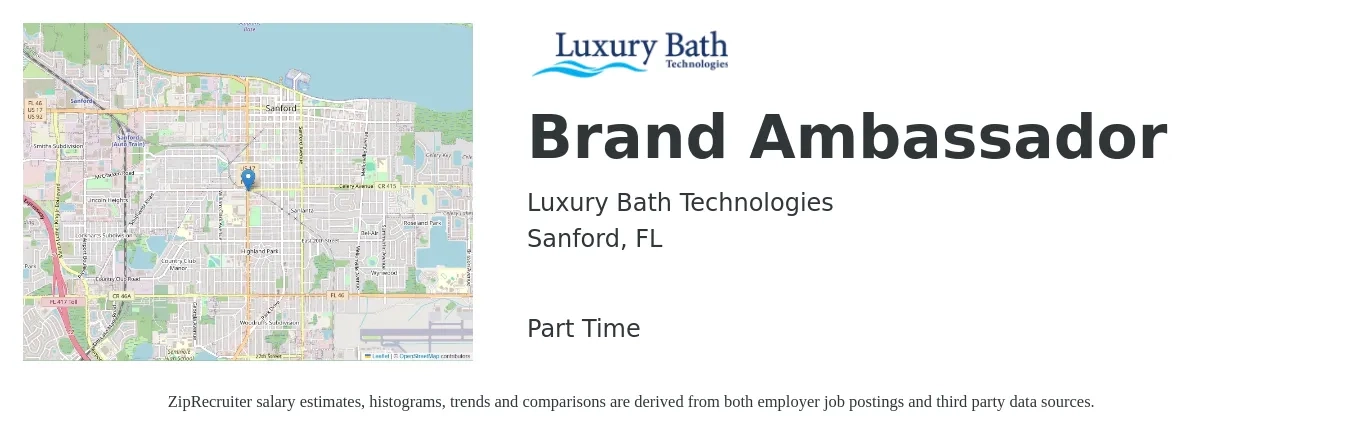 Luxury Bath Technologies job posting for a Brand Ambassador in Sanford, FL with a salary of $15 to $22 Hourly with a map of Sanford location.