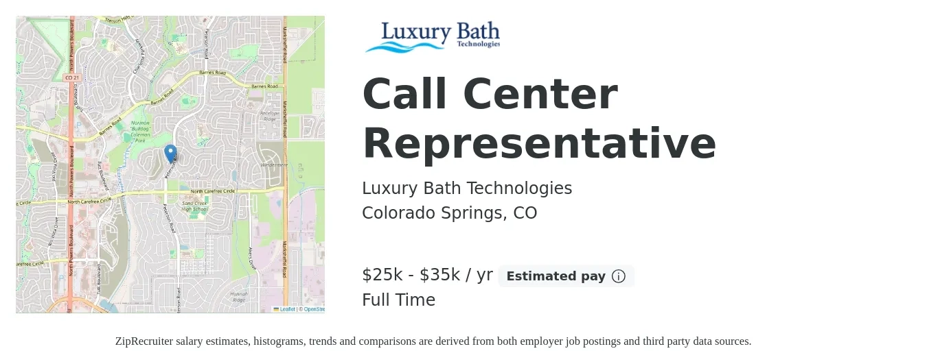 Luxury Bath Technologies job posting for a Call Center Representative in Colorado Springs, CO with a salary of $25,000 to $35,000 Yearly with a map of Colorado Springs location.