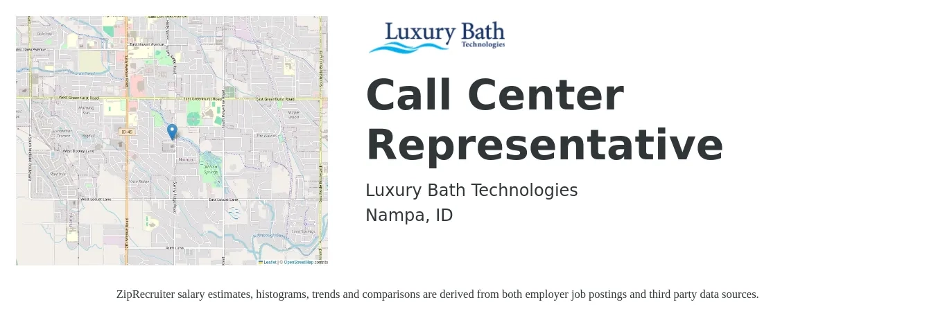 Luxury Bath Technologies job posting for a Call Center Representative in Nampa, ID with a salary of $1,500 Weekly with a map of Nampa location.