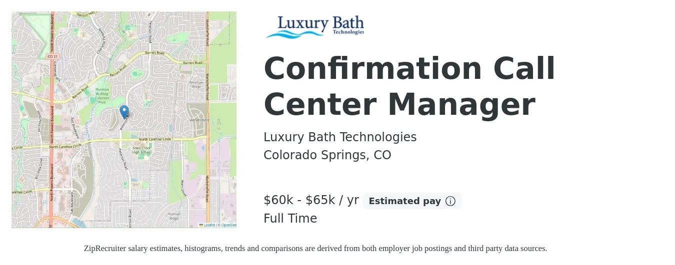 Luxury Bath Technologies job posting for a Confirmation Call Center Manager in Colorado Springs, CO with a salary of $60,000 to $65,000 Yearly with a map of Colorado Springs location.