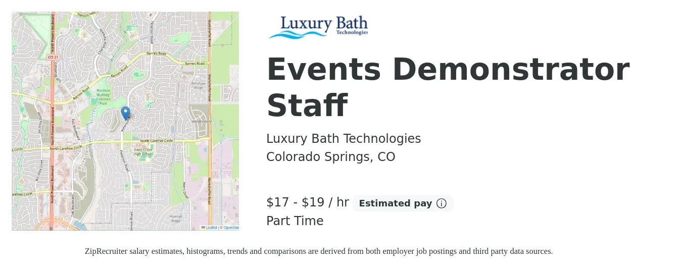 Luxury Bath Technologies job posting for a Events Demonstrator Staff in Colorado Springs, CO with a salary of $18 to $20 Hourly with a map of Colorado Springs location.