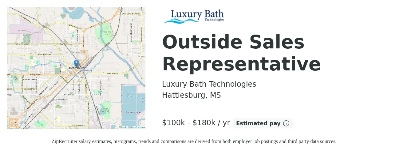 Luxury Bath Technologies job posting for a Outside Sales Representative in Hattiesburg, MS with a salary of $100,000 to $180,000 Yearly with a map of Hattiesburg location.