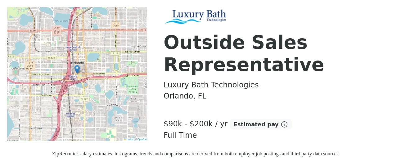 Luxury Bath Technologies job posting for a Outside Sales Representative in Orlando, FL with a salary of $90,000 to $200,000 Yearly with a map of Orlando location.