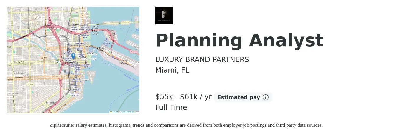 LUXURY BRAND PARTNERS job posting for a Planning Analyst in Miami, FL with a salary of $55,000 to $61,000 Yearly with a map of Miami location.