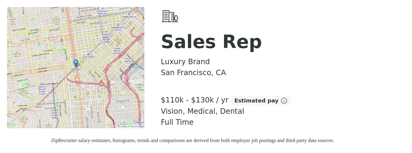Luxury Brand job posting for a Sales Rep in Sacramento, CA with a salary of $110,000 to $130,000 Yearly and benefits including retirement, vision, dental, life_insurance, and medical with a map of Sacramento location.