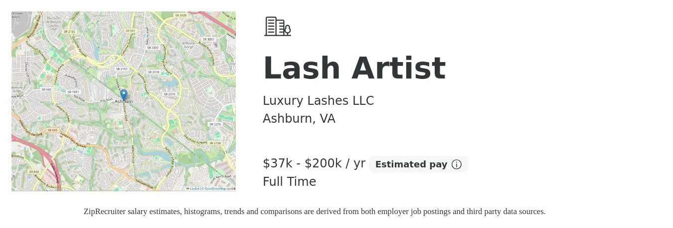 Luxury Lashes LLC job posting for a Lash Artist in Ashburn, VA with a salary of $37,440 to $200,000 Yearly with a map of Ashburn location.