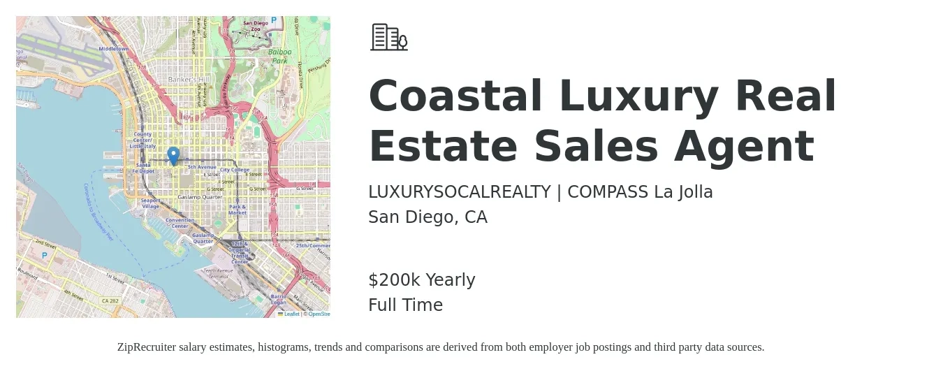 LUXURYSOCALREALTY | COMPASS La Jolla job posting for a Coastal Luxury Real Estate Sales Agent in San Diego, CA with a salary of $200,000 Yearly with a map of San Diego location.