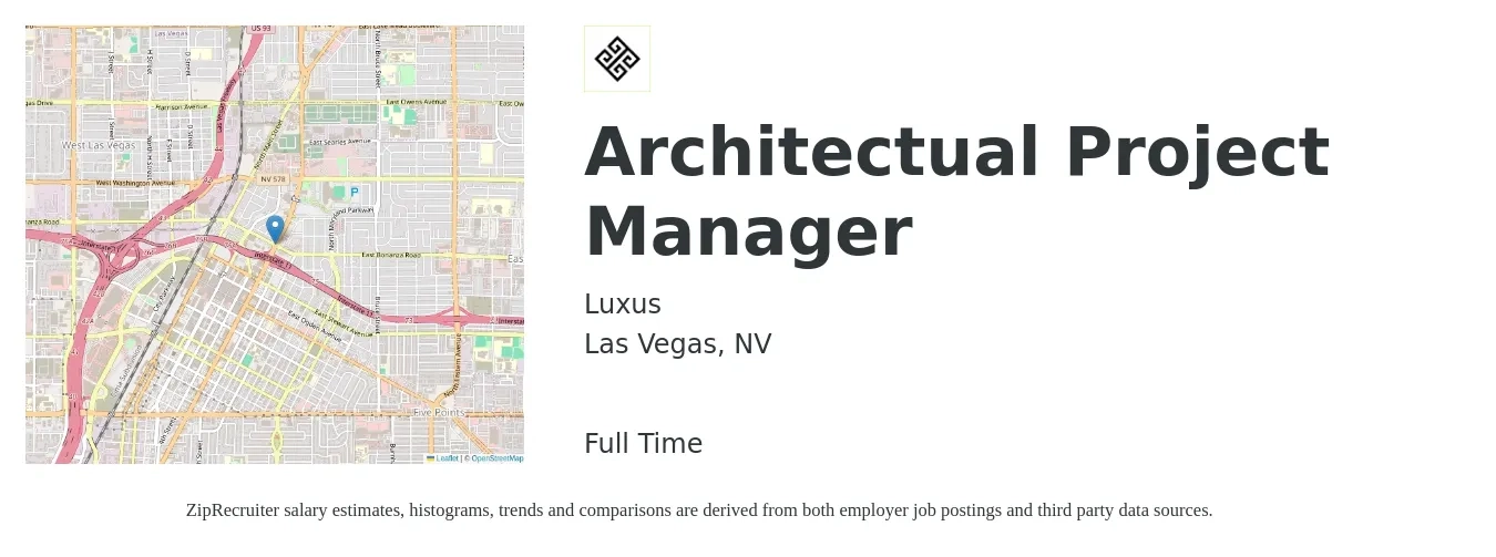 Luxus job posting for a Architectual Project Manager in Las Vegas, NV with a salary of $75,000 to $117,600 Yearly with a map of Las Vegas location.