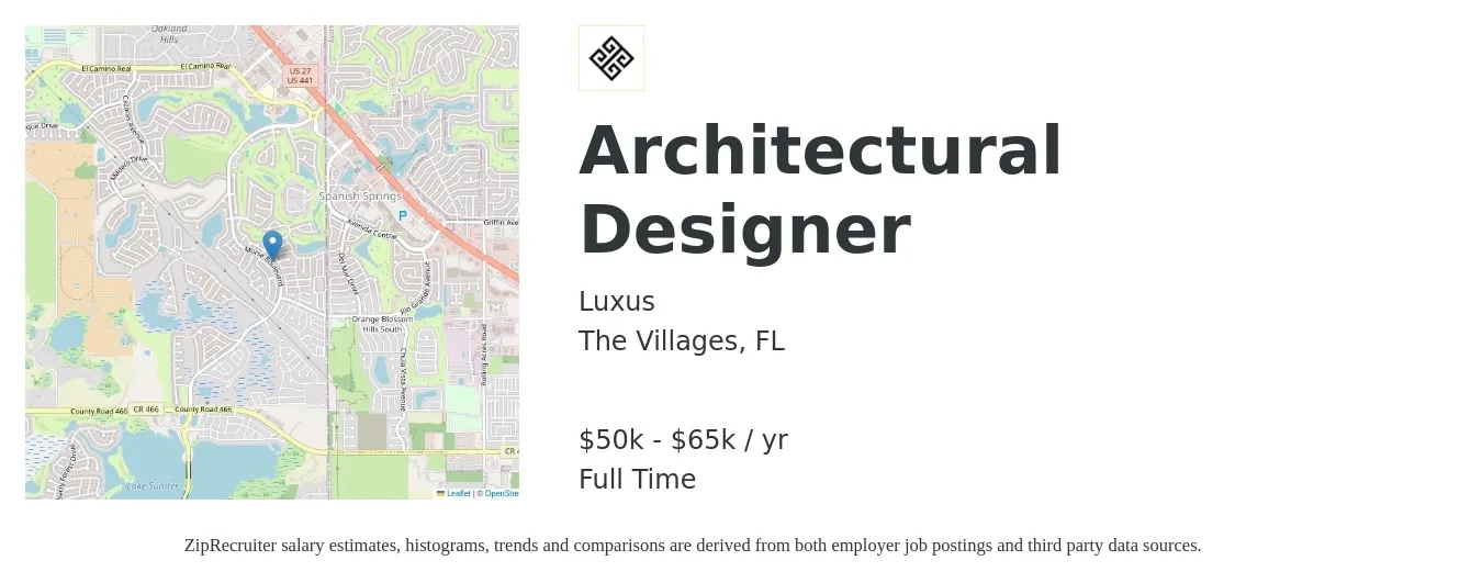 Luxus job posting for a Architectural Designer in The Villages, FL with a salary of $50,000 to $65,000 Yearly with a map of The Villages location.