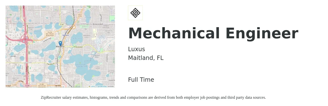 Luxus job posting for a Mechanical Engineer in Maitland, FL with a salary of $76,100 to $118,100 Yearly with a map of Maitland location.