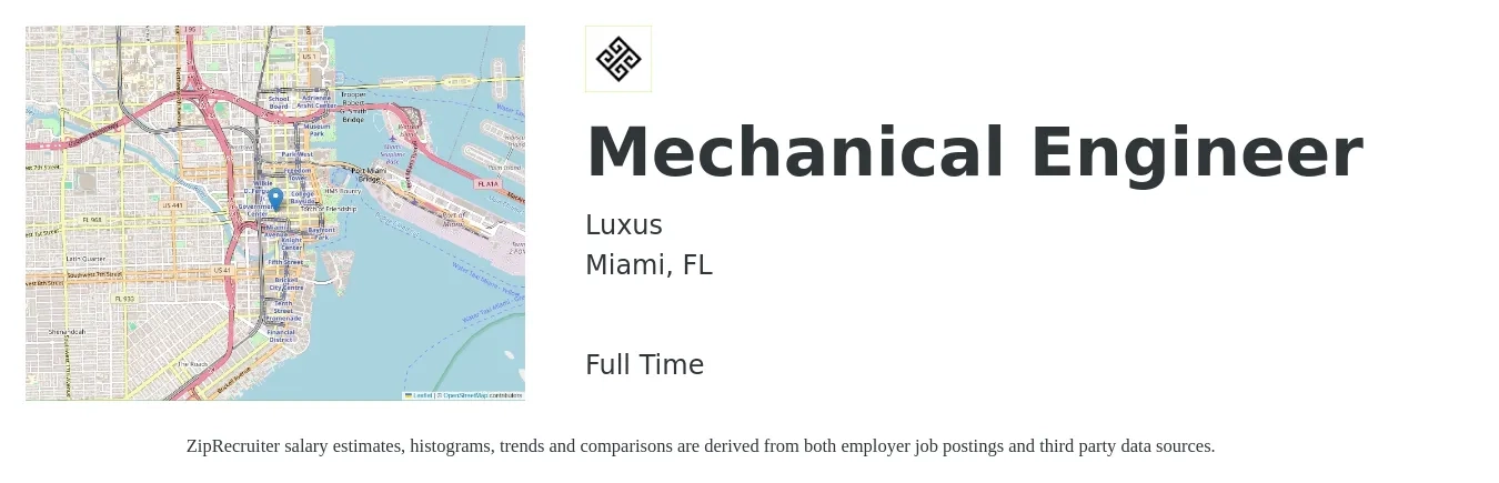 Luxus job posting for a Mechanical Engineer in Miami, FL with a salary of $77,800 to $120,800 Yearly with a map of Miami location.