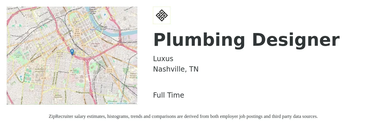 Luxus job posting for a Plumbing Designer in Nashville, TN with a salary of $72,900 to $95,600 Yearly with a map of Nashville location.