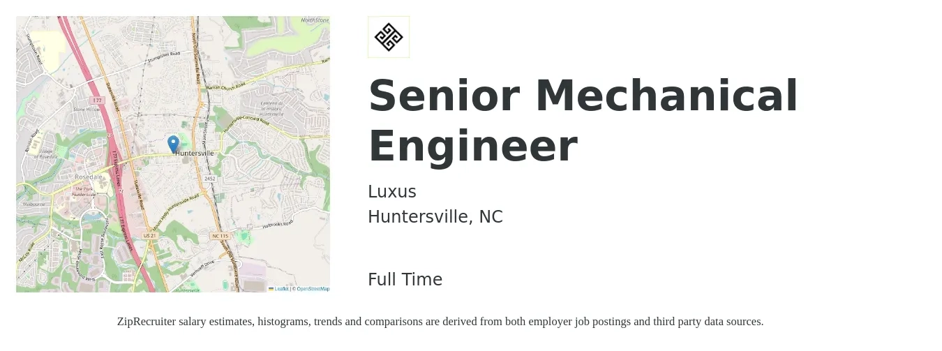 Luxus job posting for a Senior Mechanical Engineer in Huntersville, NC with a salary of $98,200 to $129,700 Yearly with a map of Huntersville location.