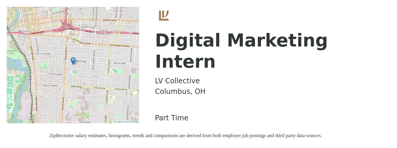LV Collective job posting for a Digital Marketing Intern in Columbus, OH with a salary of $13 to $18 Hourly with a map of Columbus location.