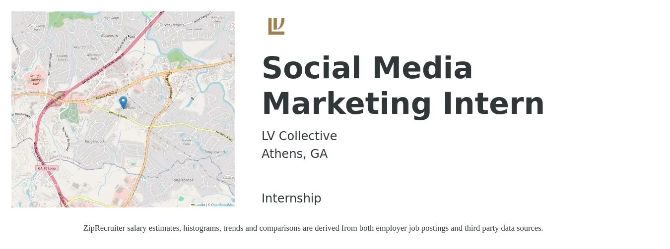 LV Collective job posting for a Social Media Marketing Intern in Athens, GA with a salary of $14 to $18 Hourly with a map of Athens location.