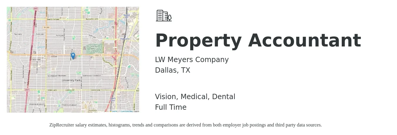 LW Meyers Company job posting for a Property Accountant in Dallas, TX with a salary of $60,800 to $79,600 Yearly and benefits including dental, life_insurance, medical, pto, retirement, and vision with a map of Dallas location.