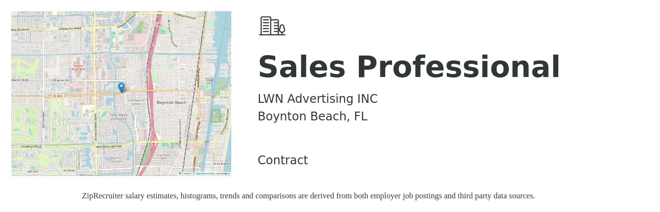 LWN Advertising INC job posting for a Sales Professional in Boynton Beach, FL with a salary of $500 to $4,000 Weekly with a map of Boynton Beach location.