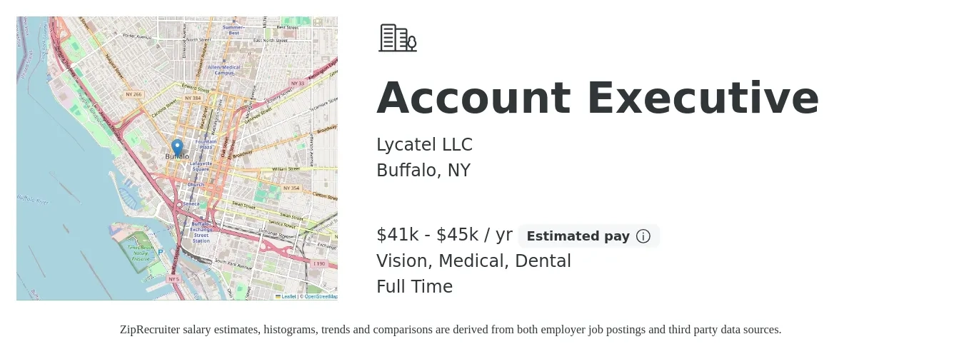 Lycatel LLC job posting for a Account Executive in Buffalo, NY with a salary of $41,600 to $45,760 Yearly (plus commission) and benefits including vision, dental, and medical with a map of Buffalo location.