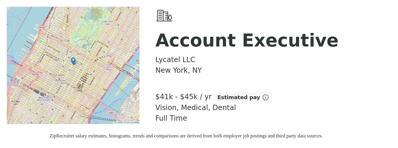 Lycatel LLC job posting for a Account Executive in New York, NY with a salary of $41,600 to $45,760 Yearly (plus commission) and benefits including pto, vision, dental, and medical with a map of New York location.