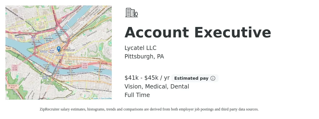 Lycatel LLC job posting for a Account Executive in Pittsburgh, PA with a salary of $41,600 to $45,760 Yearly (plus commission) and benefits including dental, medical, and vision with a map of Pittsburgh location.